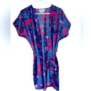 Vintage California Miss Floral Silky Short Robe Kimono Pink Purple USA Size S